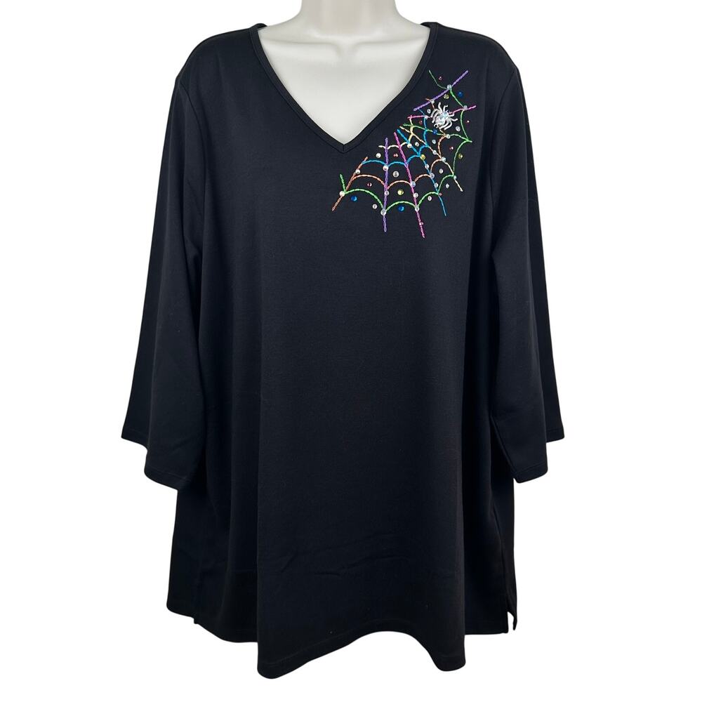 NEW Quacker Factory Women's Top The Web Embroidered Beaded V-Neck Black 2X - Picture 3 of 11